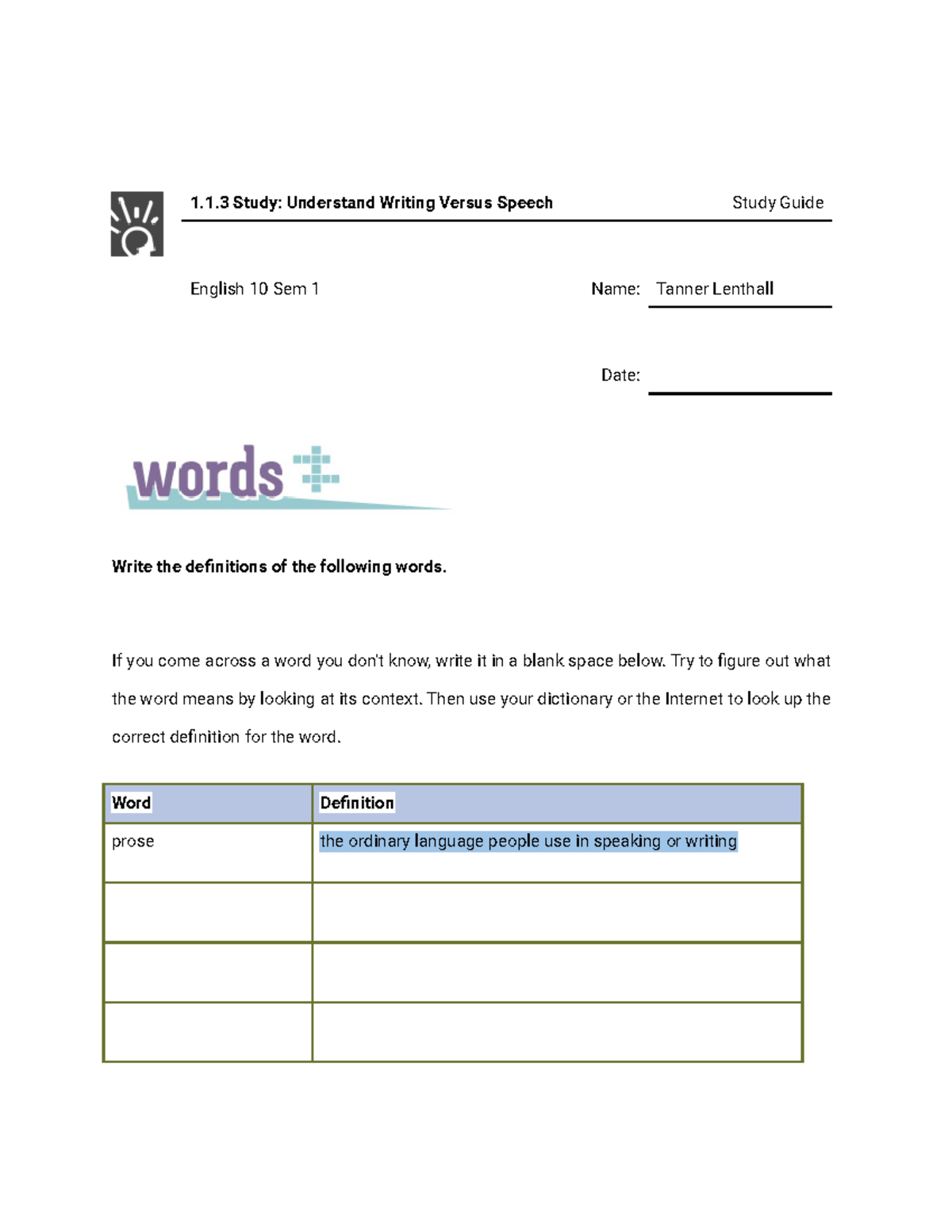 English 10 Sem 1: Study Guide on Writing vs. Speech (1.1.3) - Studocu