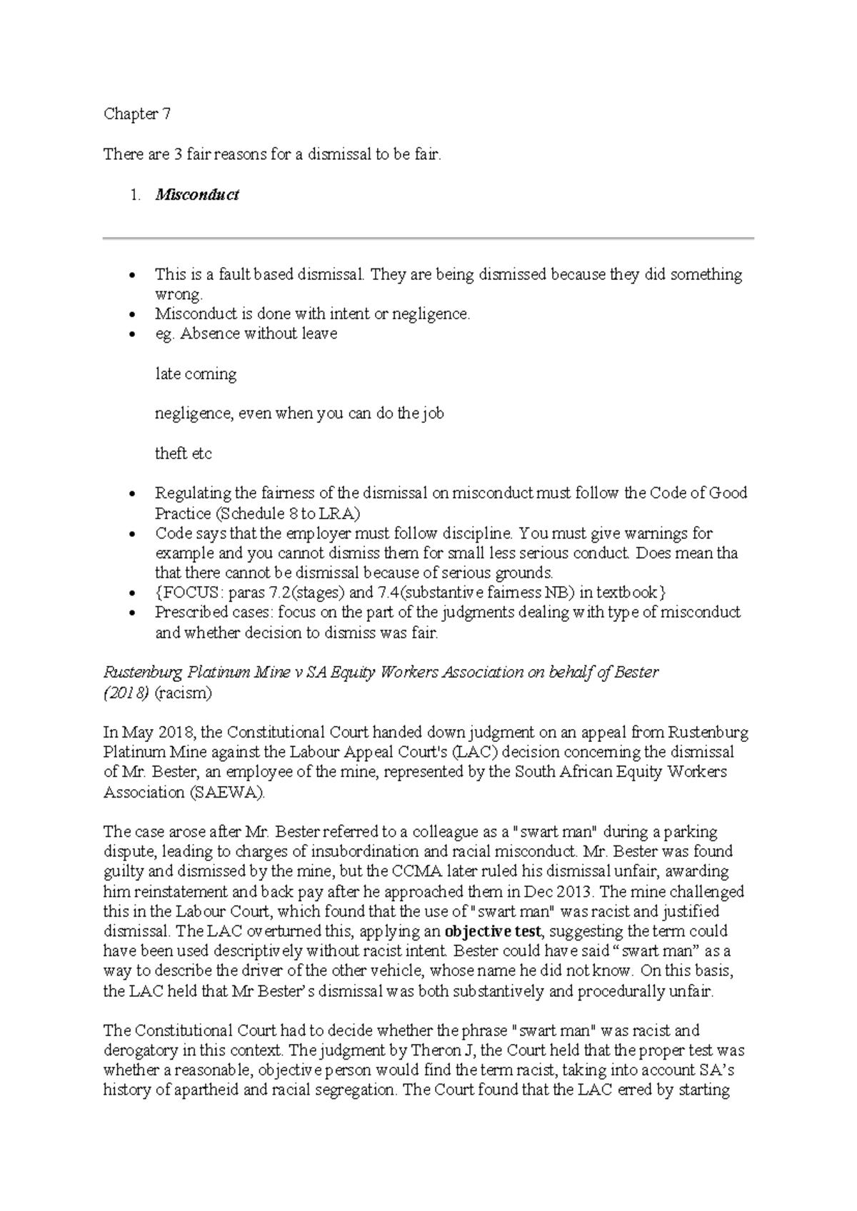 Chapter 7 - Misconduct: Fair Dismissal Reasons and Case Studies - Studocu
