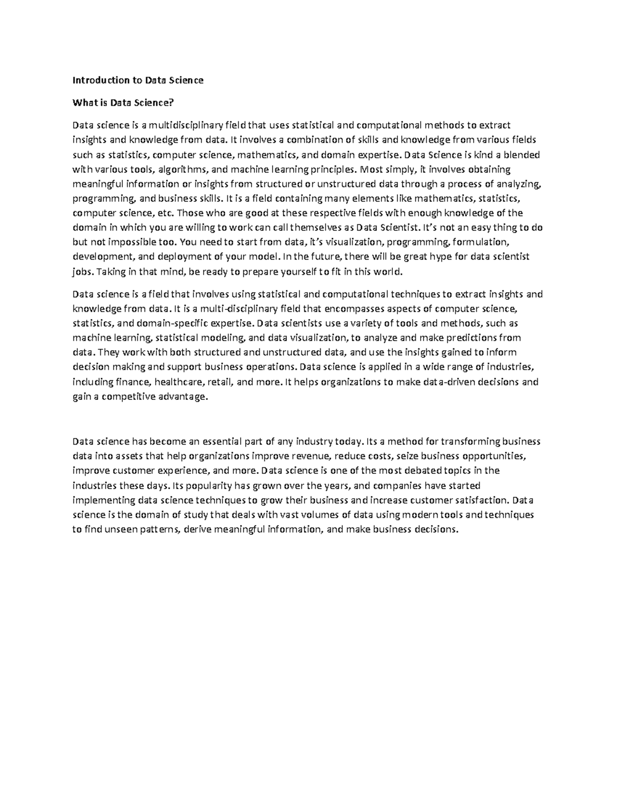 Data Science Introduction and Key Concepts (Unit1 Notes) - Studocu