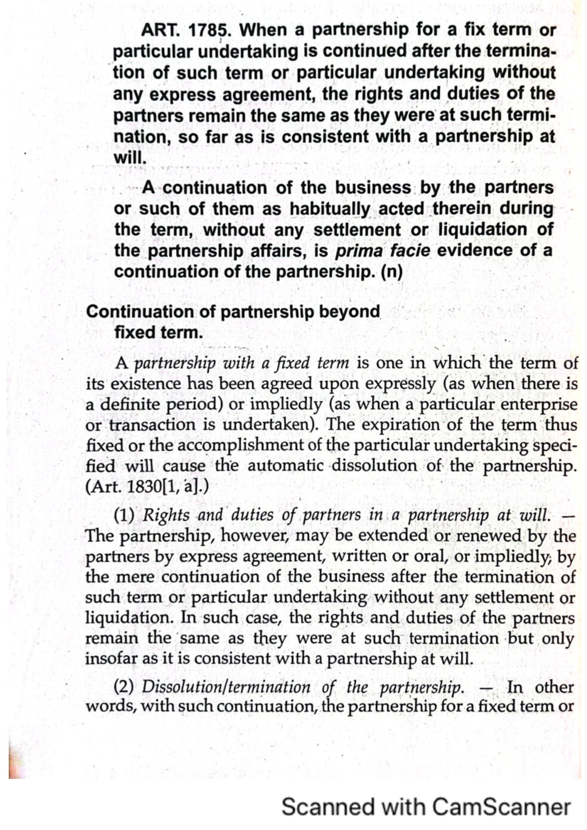 Law on Partnership - Article 1785: Continuation Beyond Fixed Term - Studocu