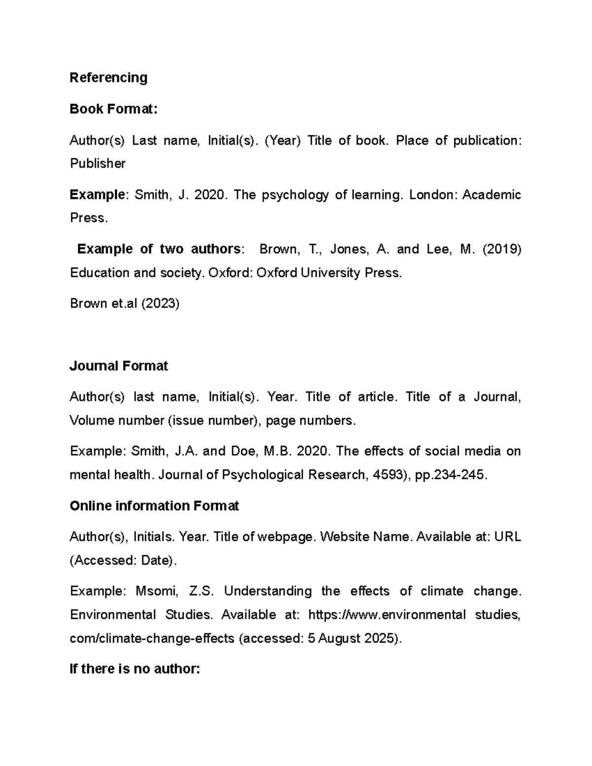 Referencing Formats Guide: Books, Journals, and Online Sources - Studocu