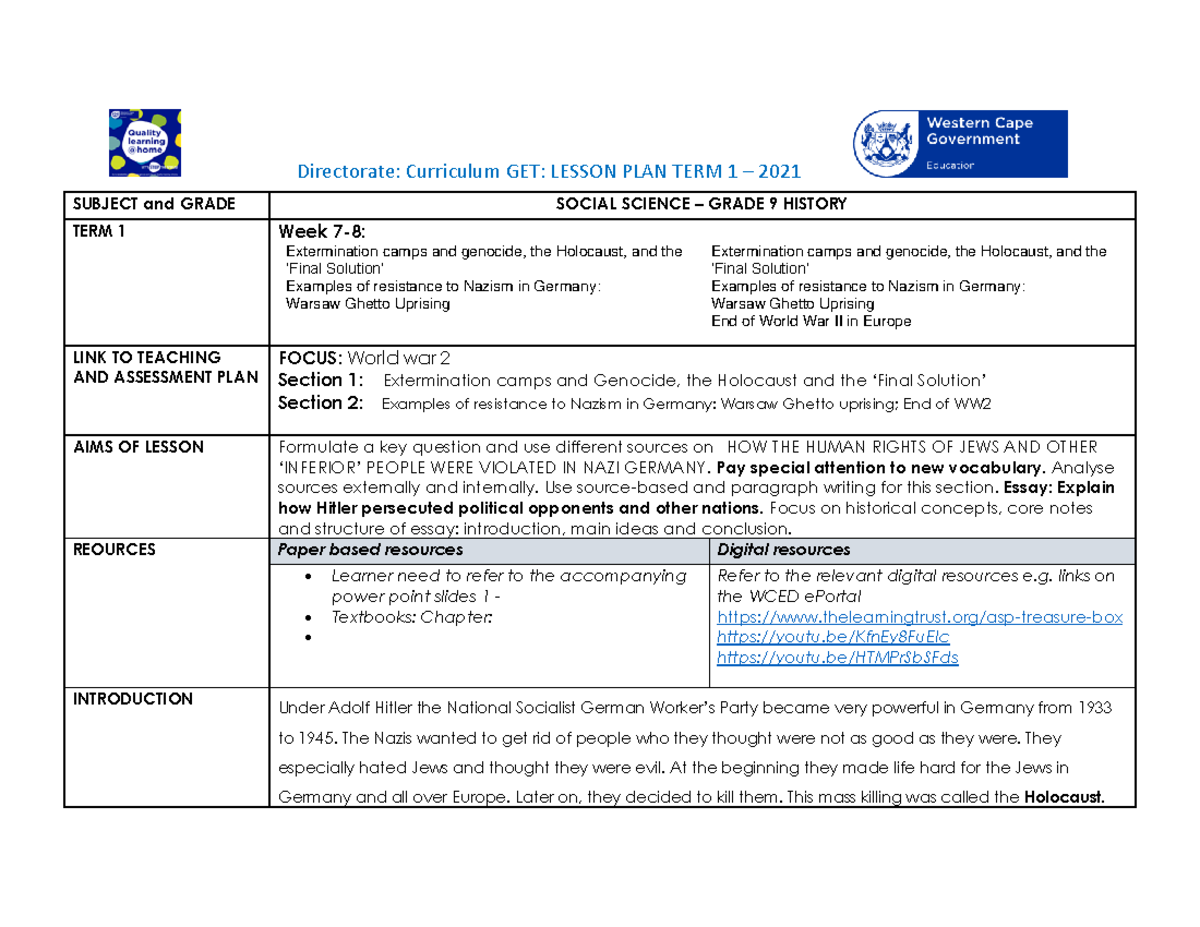 Lesson Plan SP Gr 9 SS History T1 W7-8: Holocaust & Resistance - Studocu