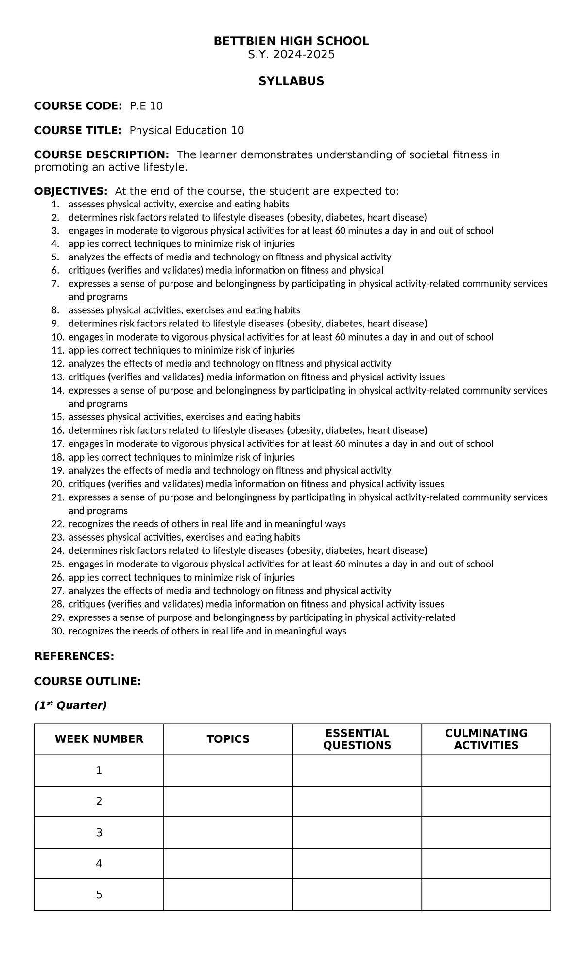 P.E. & Health 7 Syllabus for S.Y. 2024 - Bettbien High School - Studocu