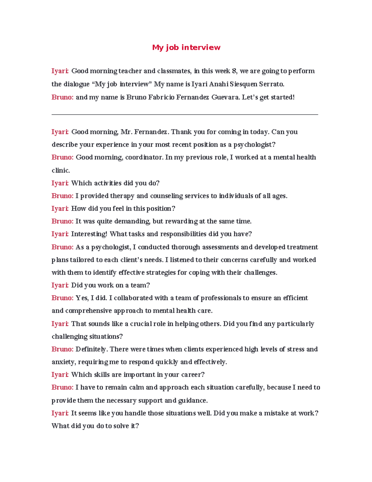 WEEK 8: Job Interview Role Play Script for Psychology Class - Studocu