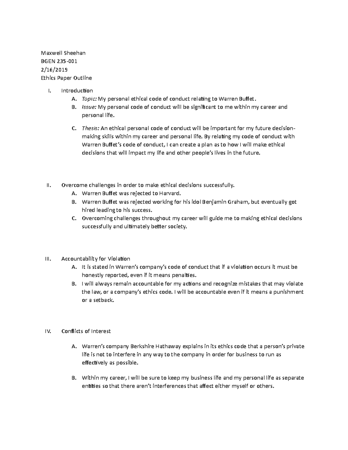 BGEN 235: Ethics Paper Outline on Personal Code of Conduct - Studocu
