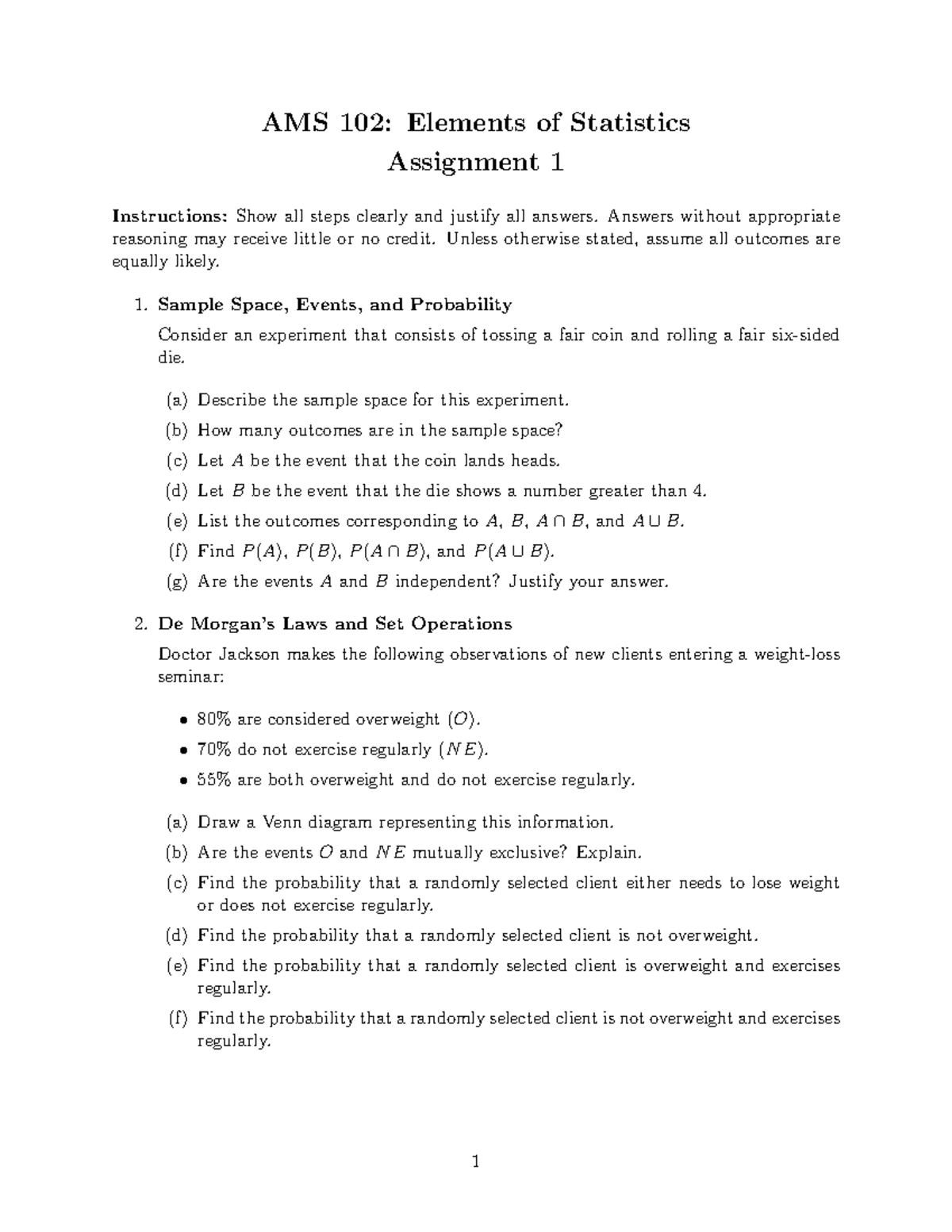 AMS 102: Elements of Statistics Assignment 1 - Spring 2026 - Studocu