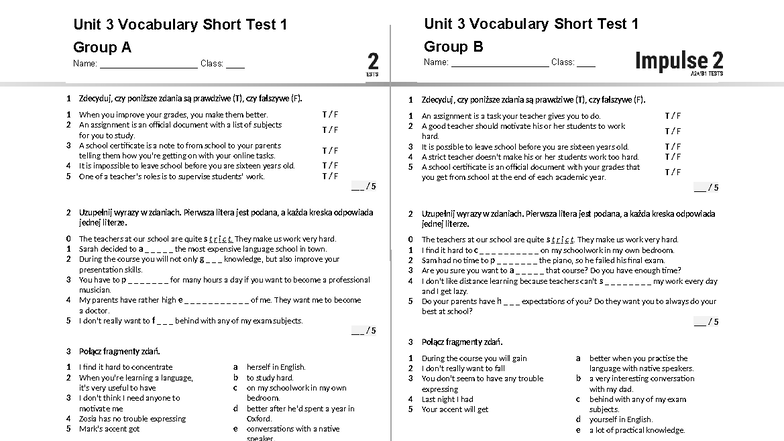 Unit 3 Vocabulary Short Test 1: Groups A and B Review - Studocu