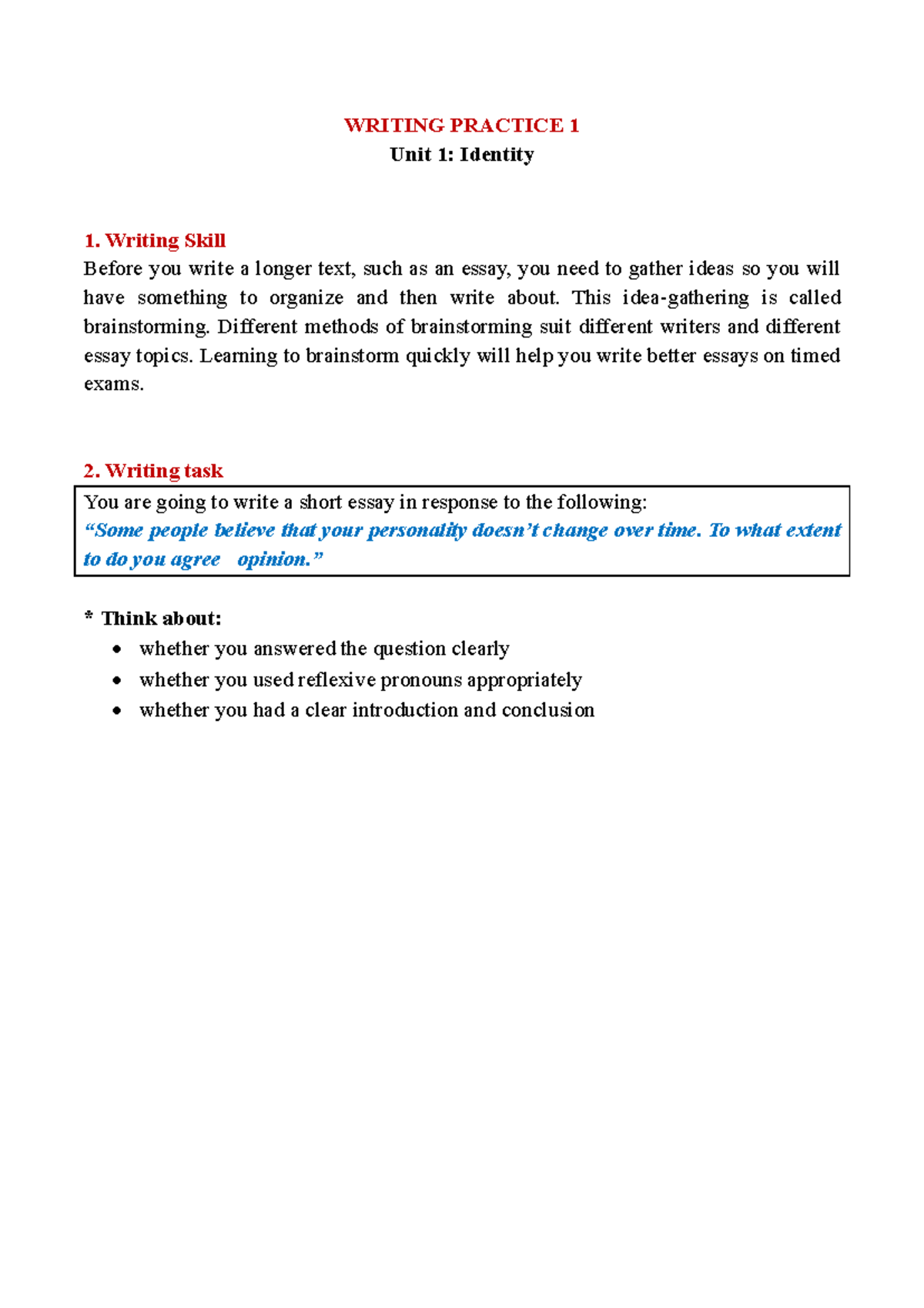 Writing practice - ACB - Unit 1: Identity Writing Skill Before you ...