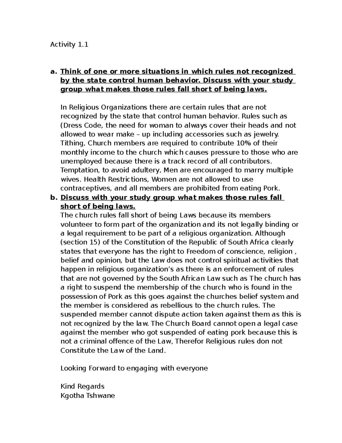 Activity 1: Discussion on Religious Rules vs. State Laws - Studocu