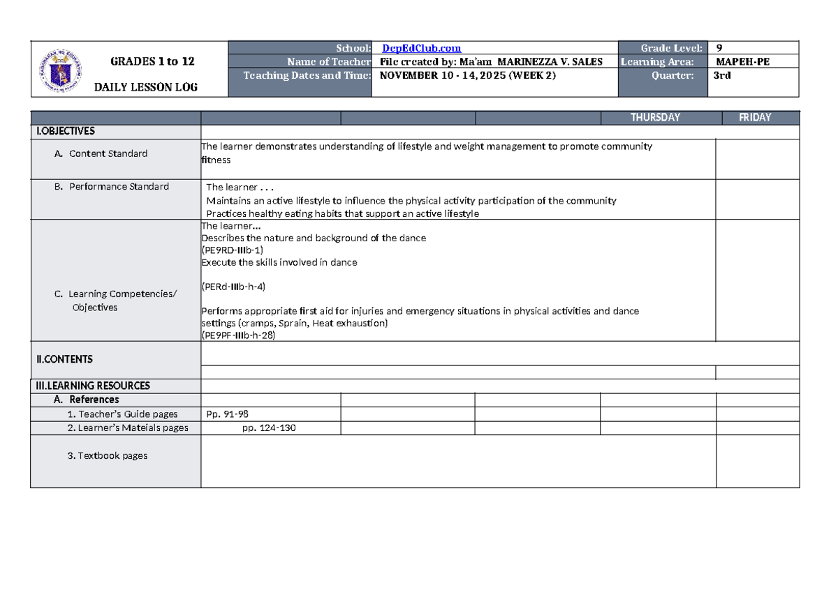 DLL MAPEH-PE 9 Q3 W2 - Daily Lesson Log and Plan - Studocu