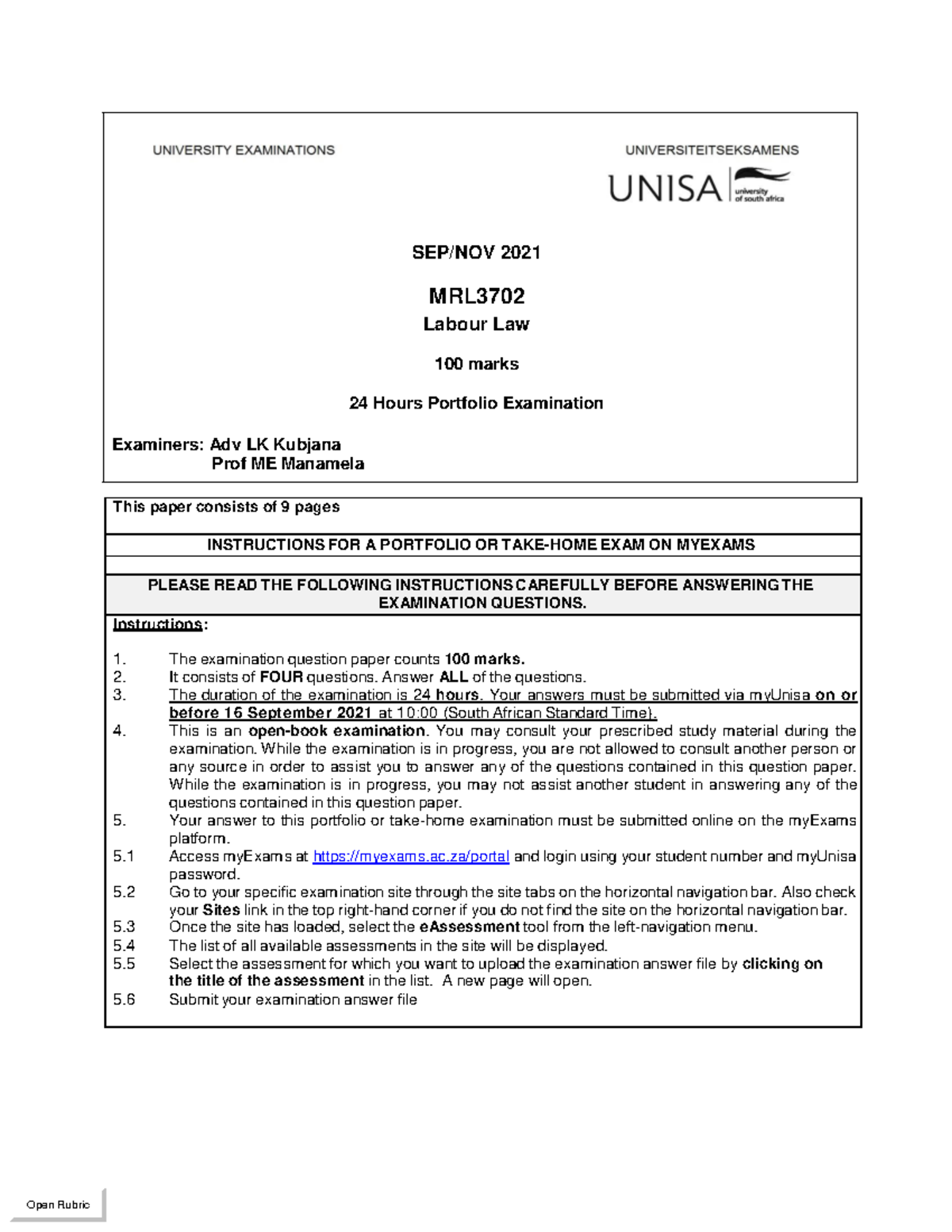 Mrl3702 Labour Law September November 2021 Take Home Exam
