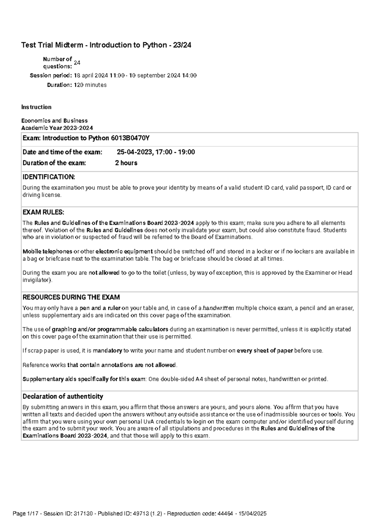 Midterm Exam: Introduction to Python 6013B0470Y - 24 Questions Guide ...