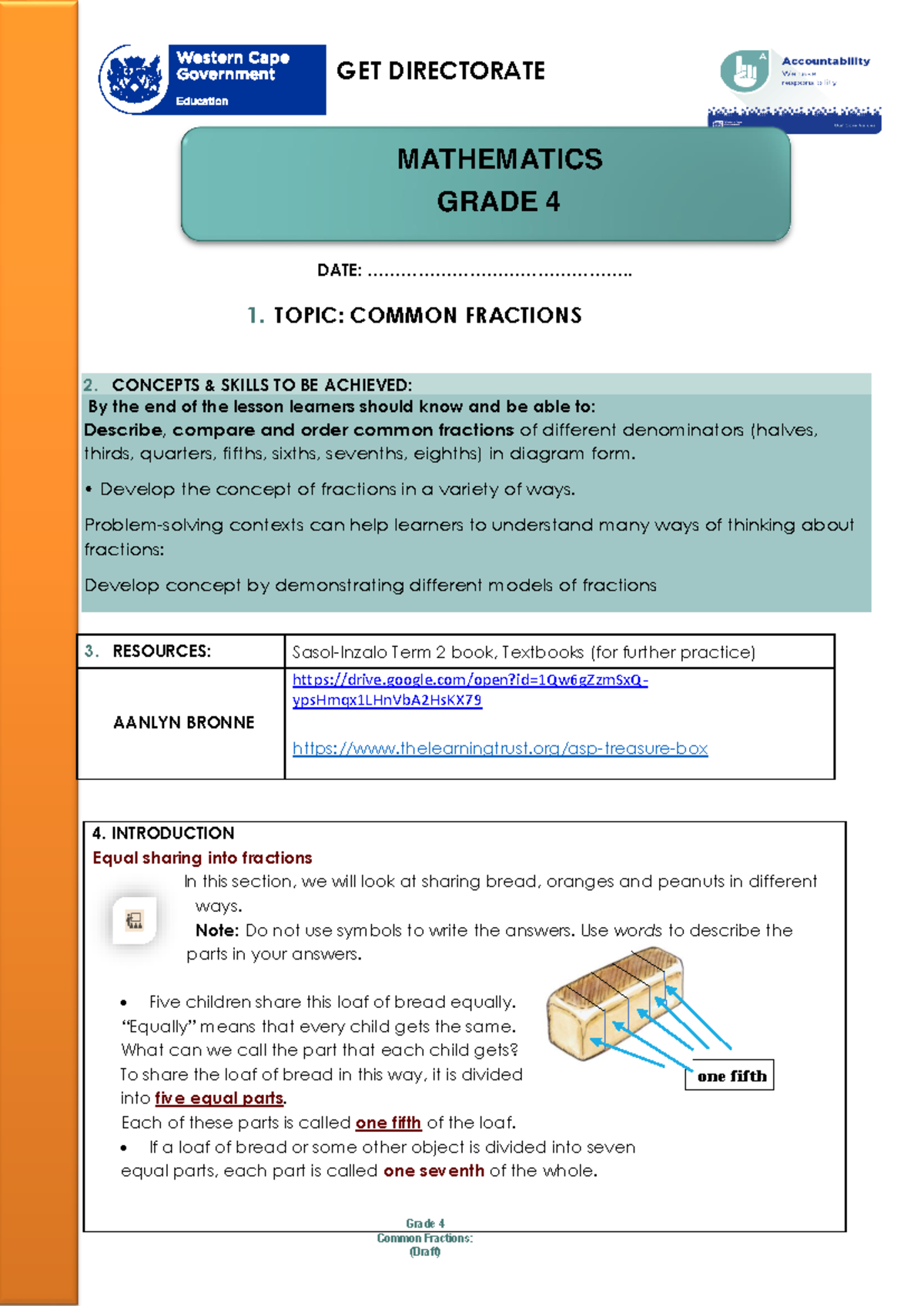 Grade 4 Maths - Week 3 Lesson Plan on Common Fractions - Studocu