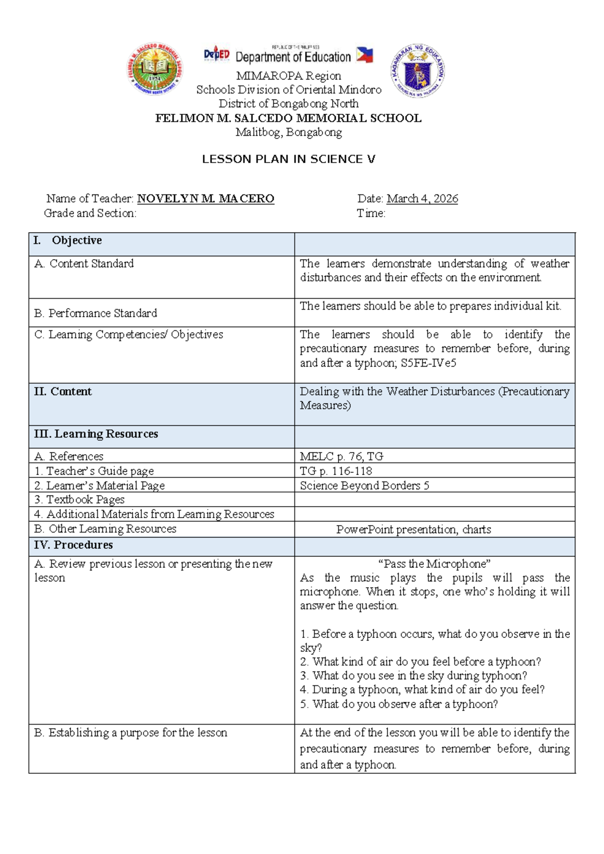 Final Lesson Plan in Science V: Weather Disturbances & Precautions ...