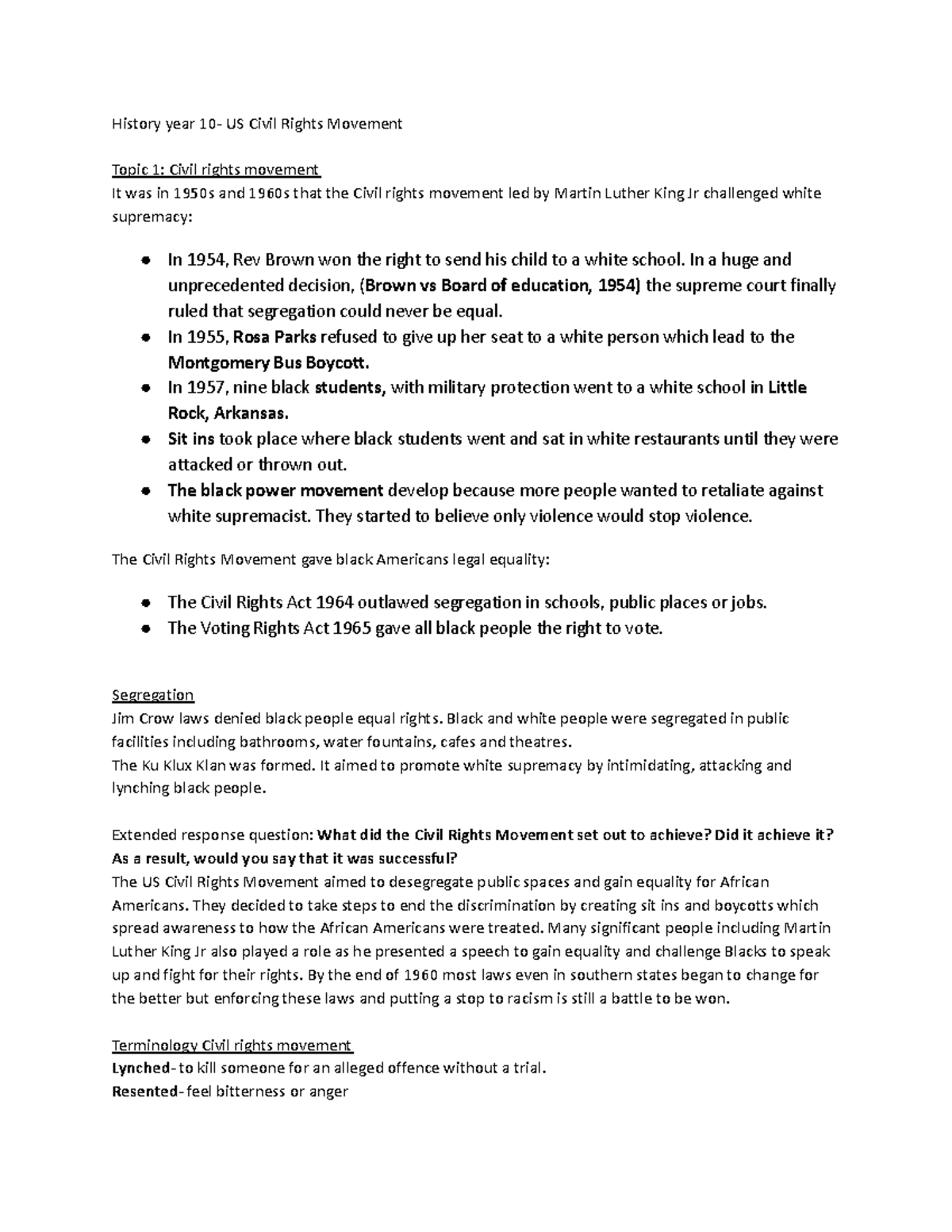 US Civil Rights Movement Overview and Key Events: Year 10 History - Studocu