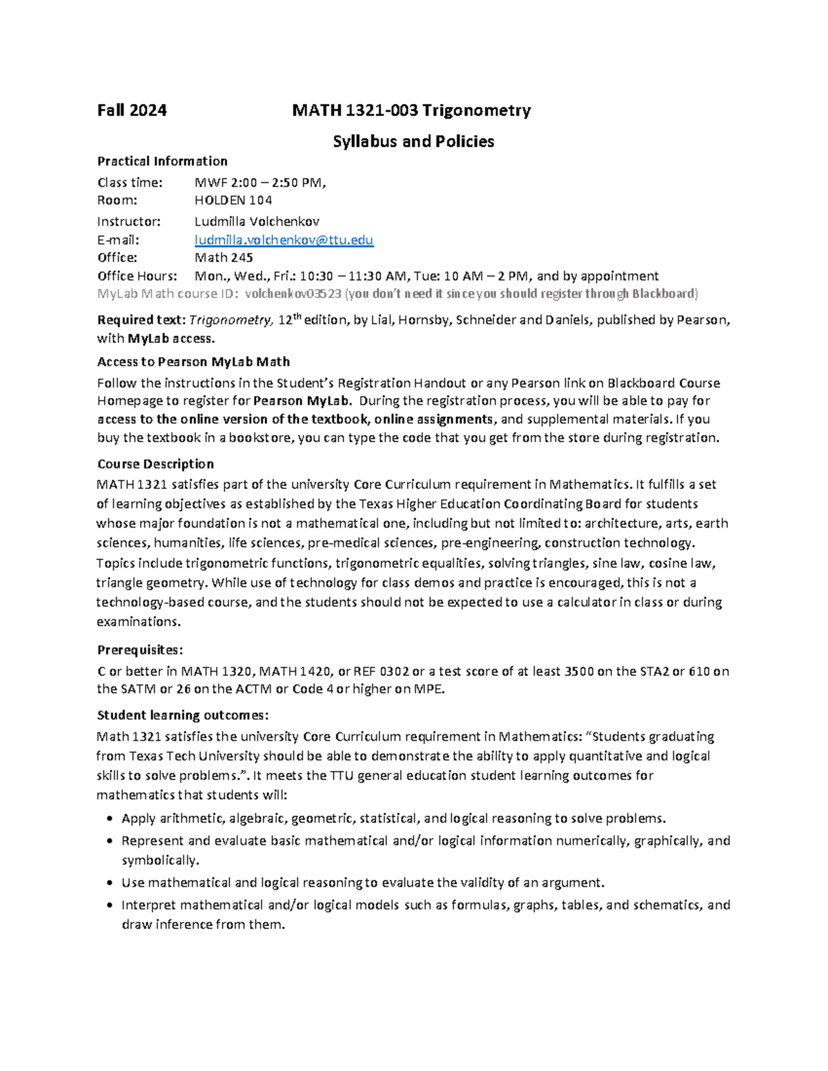 MATH 1321-003 Fall 2024 Trigonometry Syllabus and Course Info - Studocu