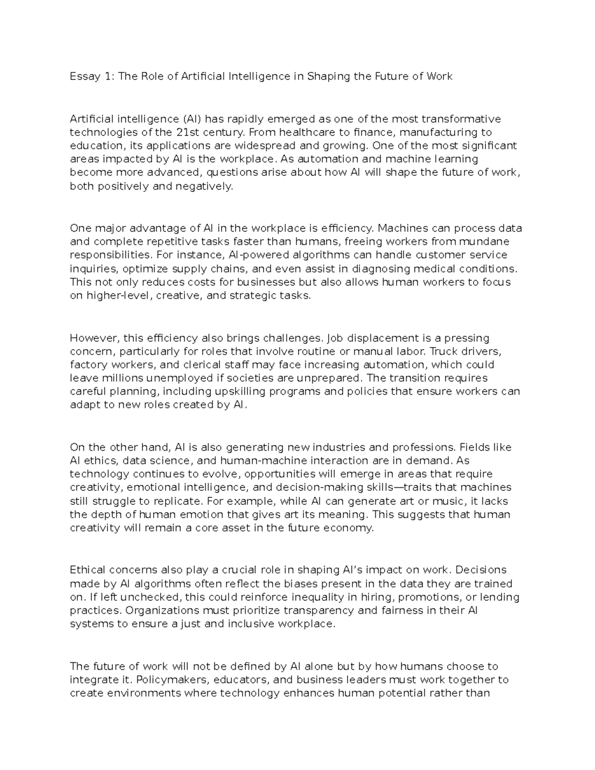 Essay 1: The Impact of AI on the Future of Work - Studocu