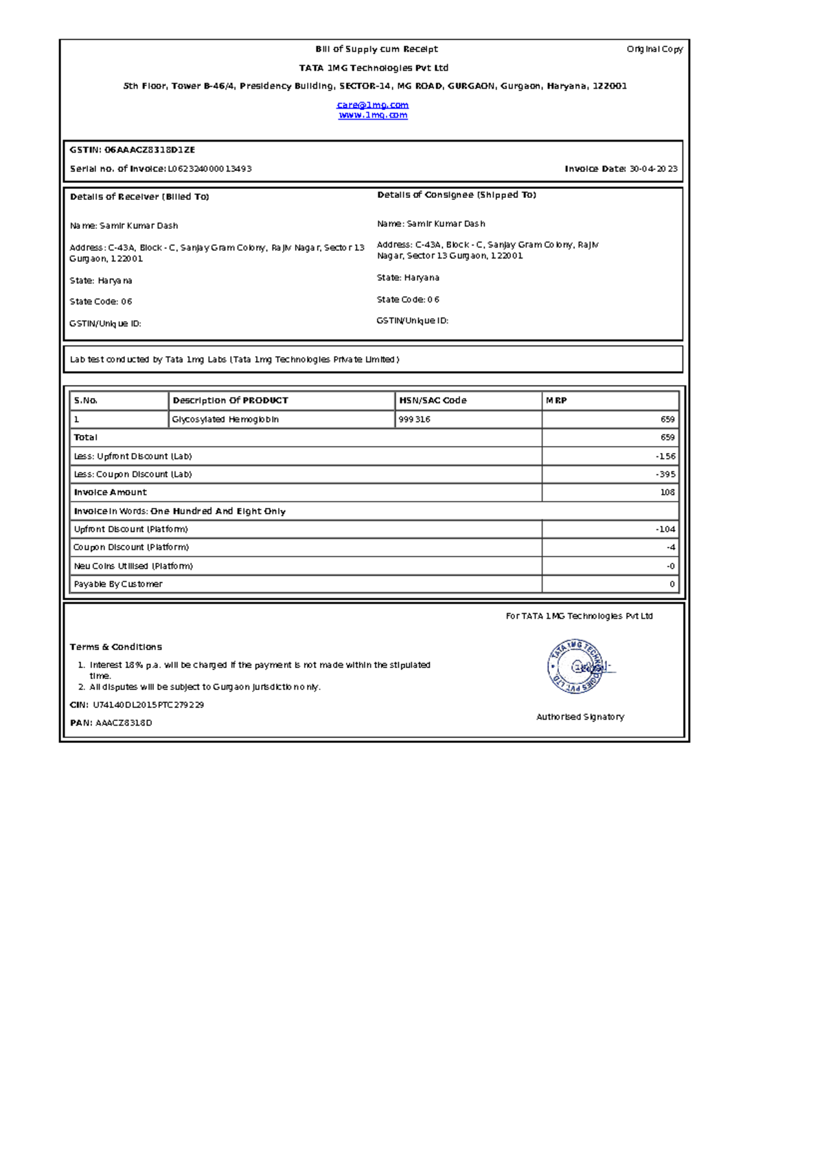 Invoice for Laboratory Test - TATA 1MG Technologies Pvt Ltd - Studocu