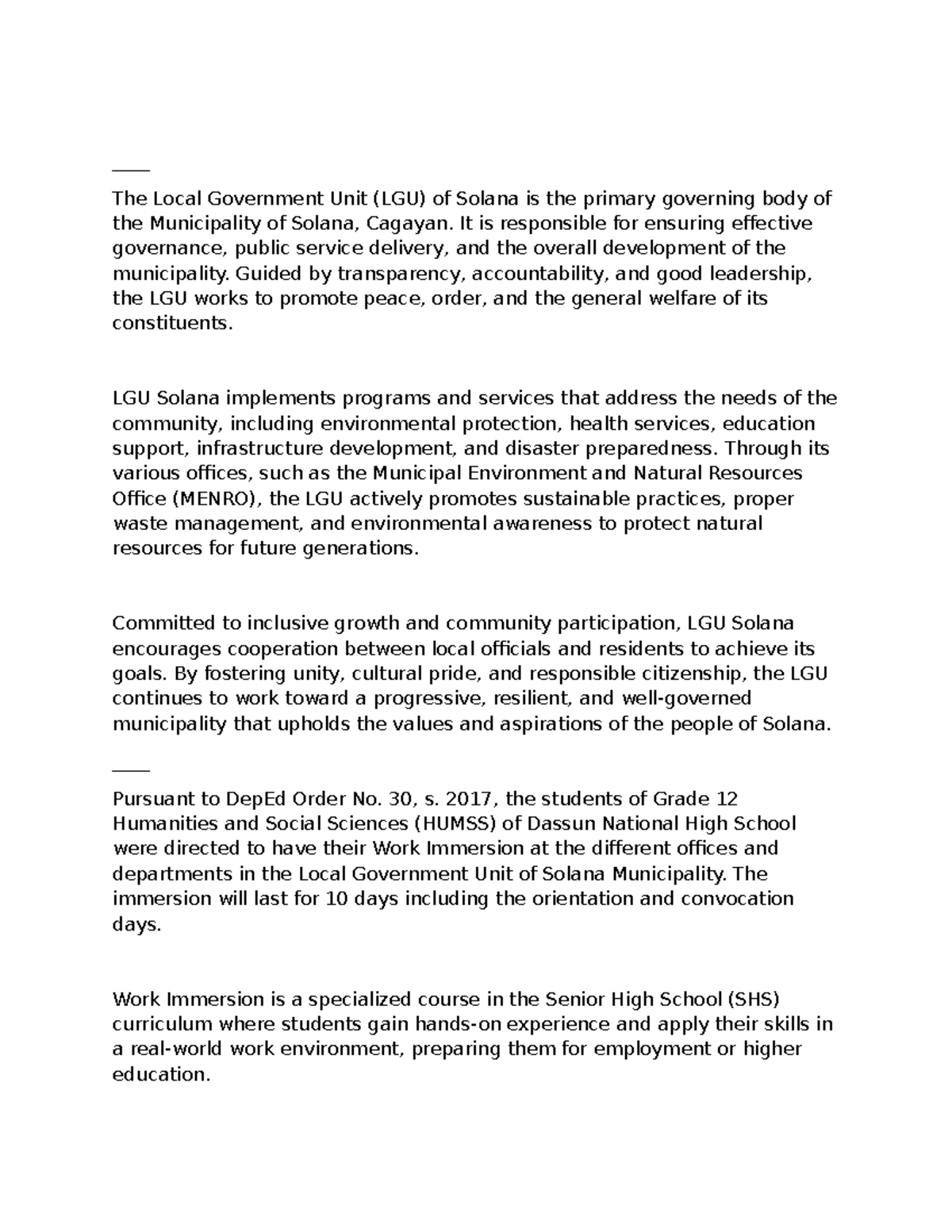 Work Immersion Report: LGU Solana (HUMSS Grade 12) - Studocu