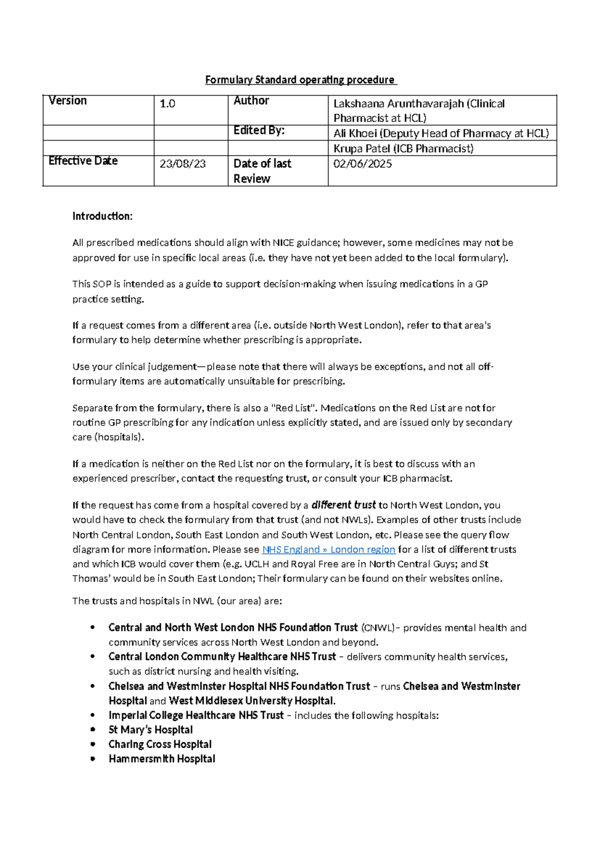 NWL Formulary SOP: Guidelines for Medication Issuance in GP Practices ...