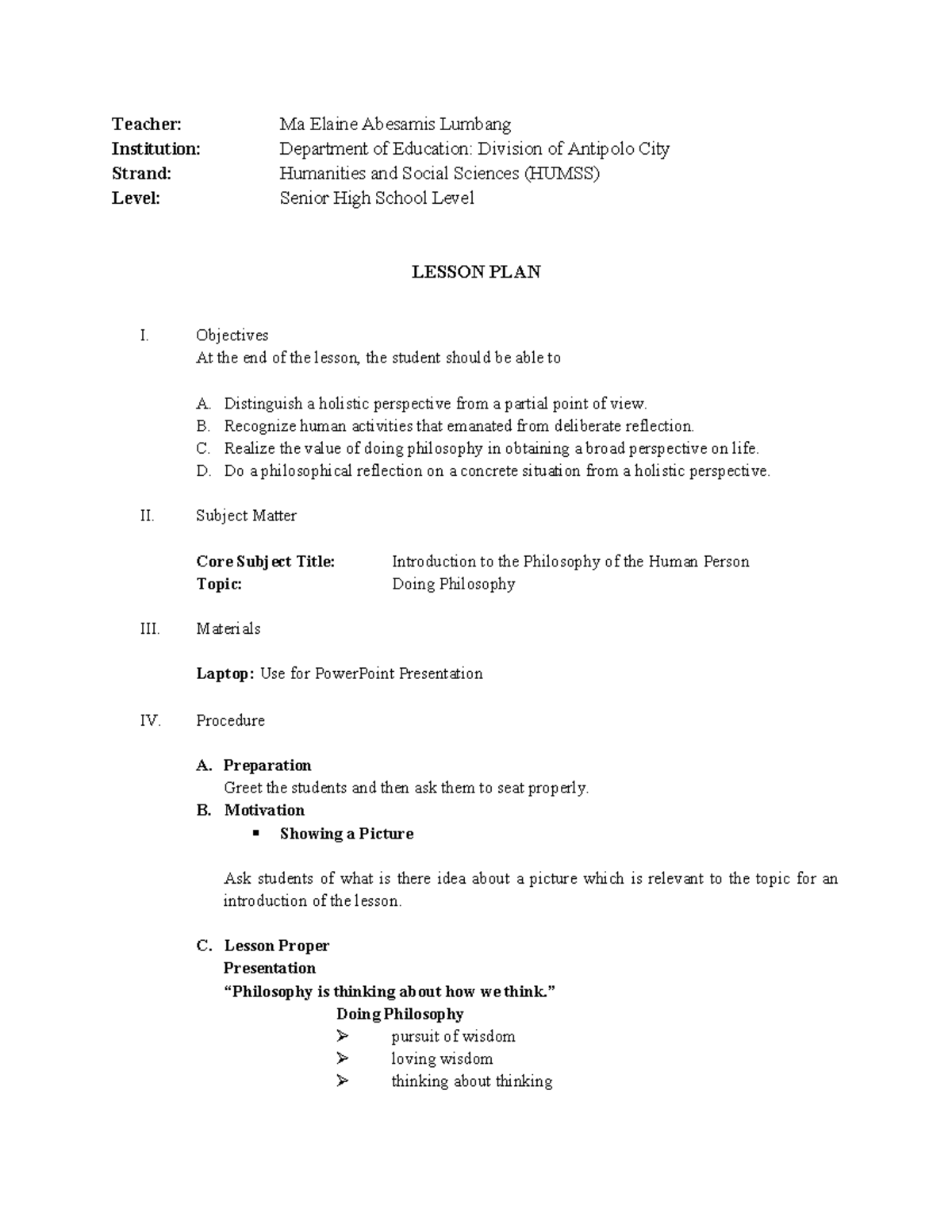 Lesson Plan on Doing Philosophy: Objectives & Procedures (HUMSS) - Studocu