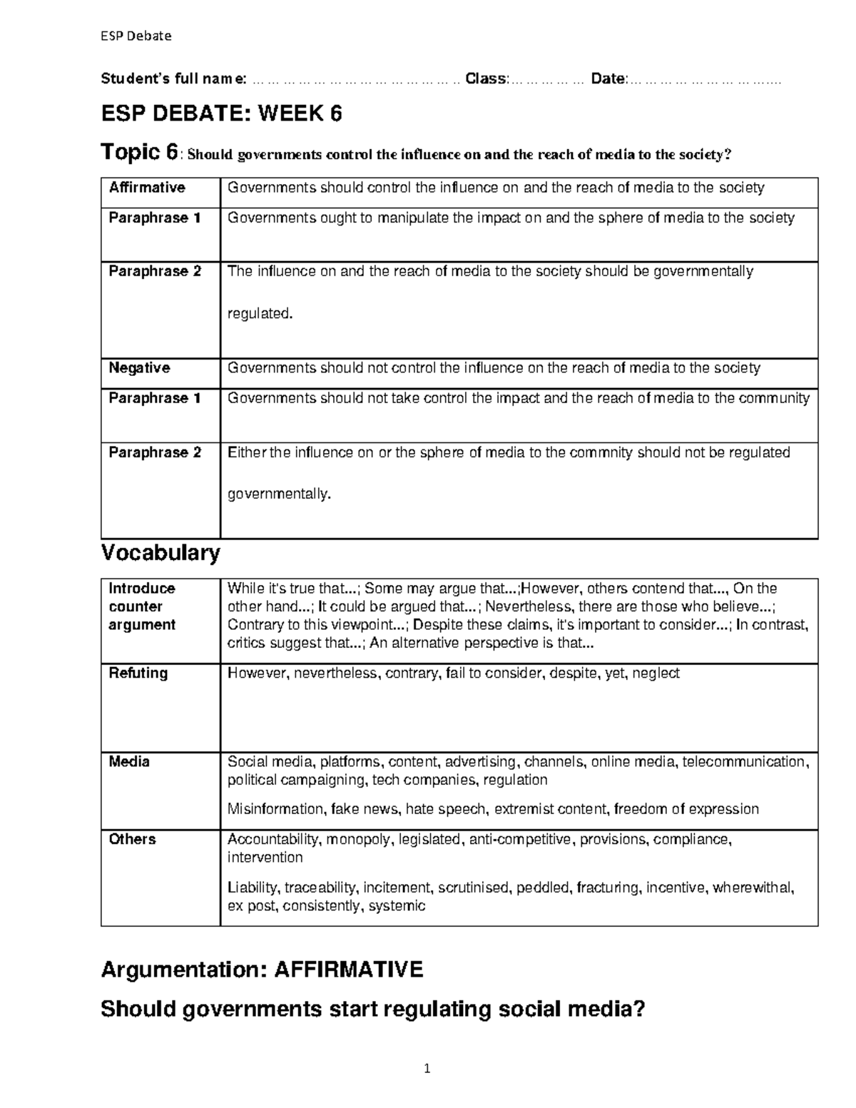 ESP Debate Week 6 - Media - Student’s full name