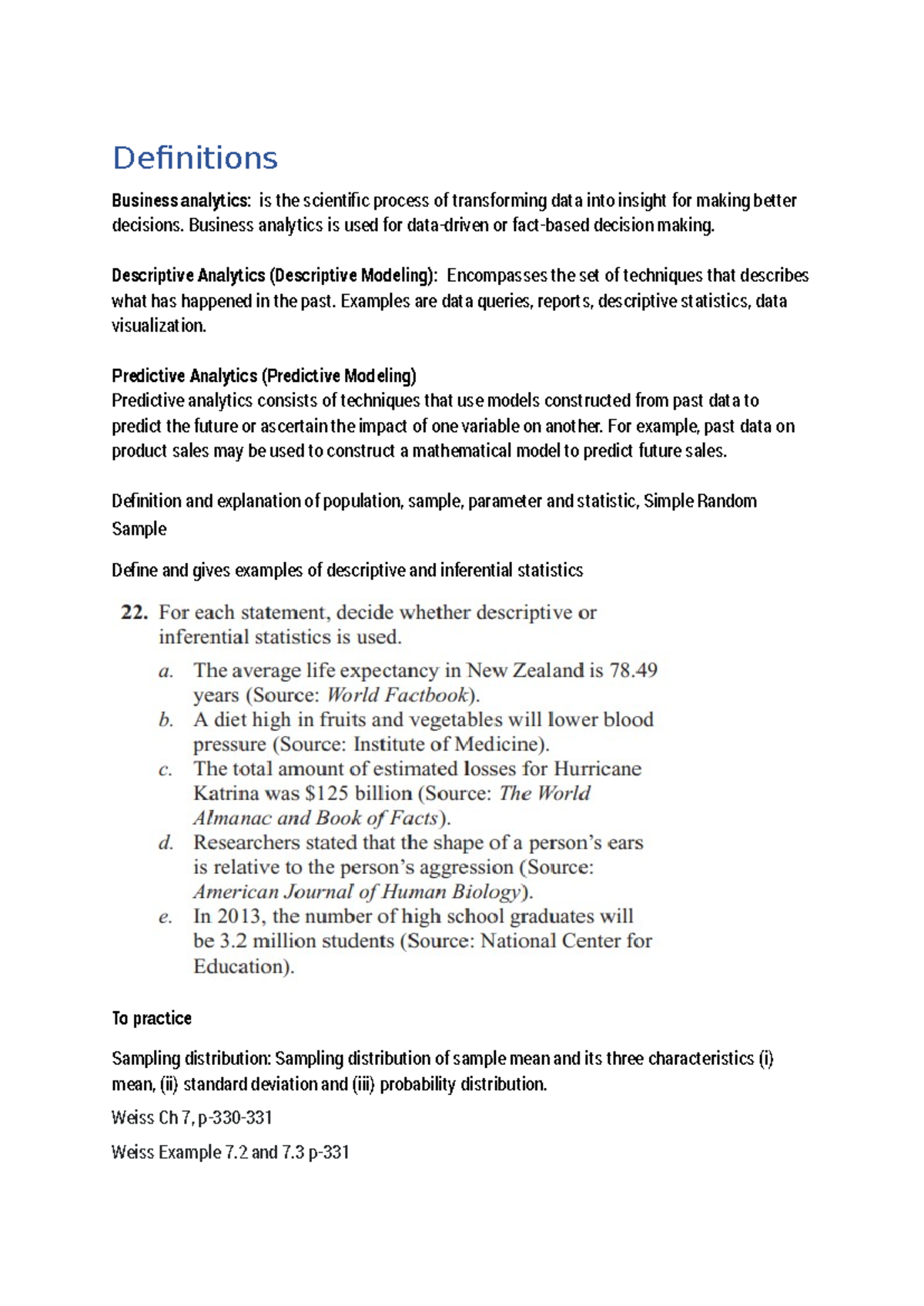 Business Analytics Definitions and Statistical Inference (SI) - Studocu