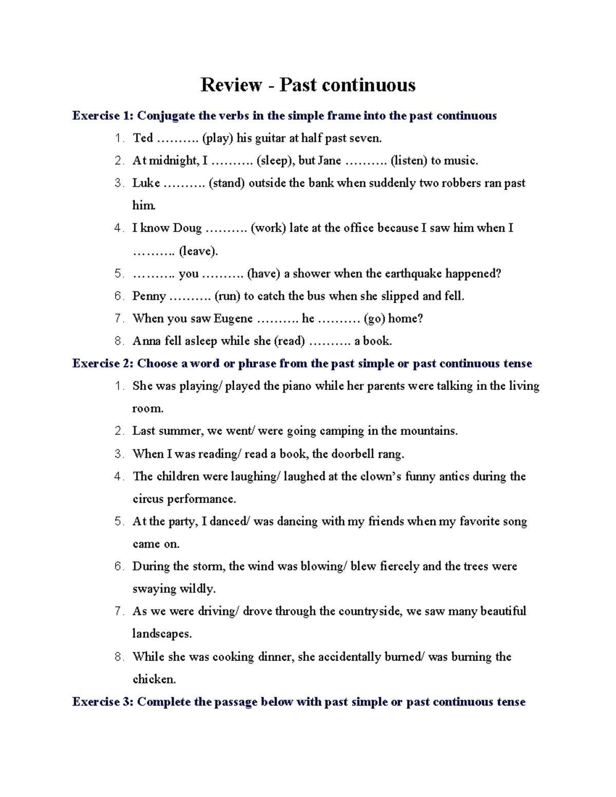 [HV] Past Continuous Review Exercises - N/A - Studocu
