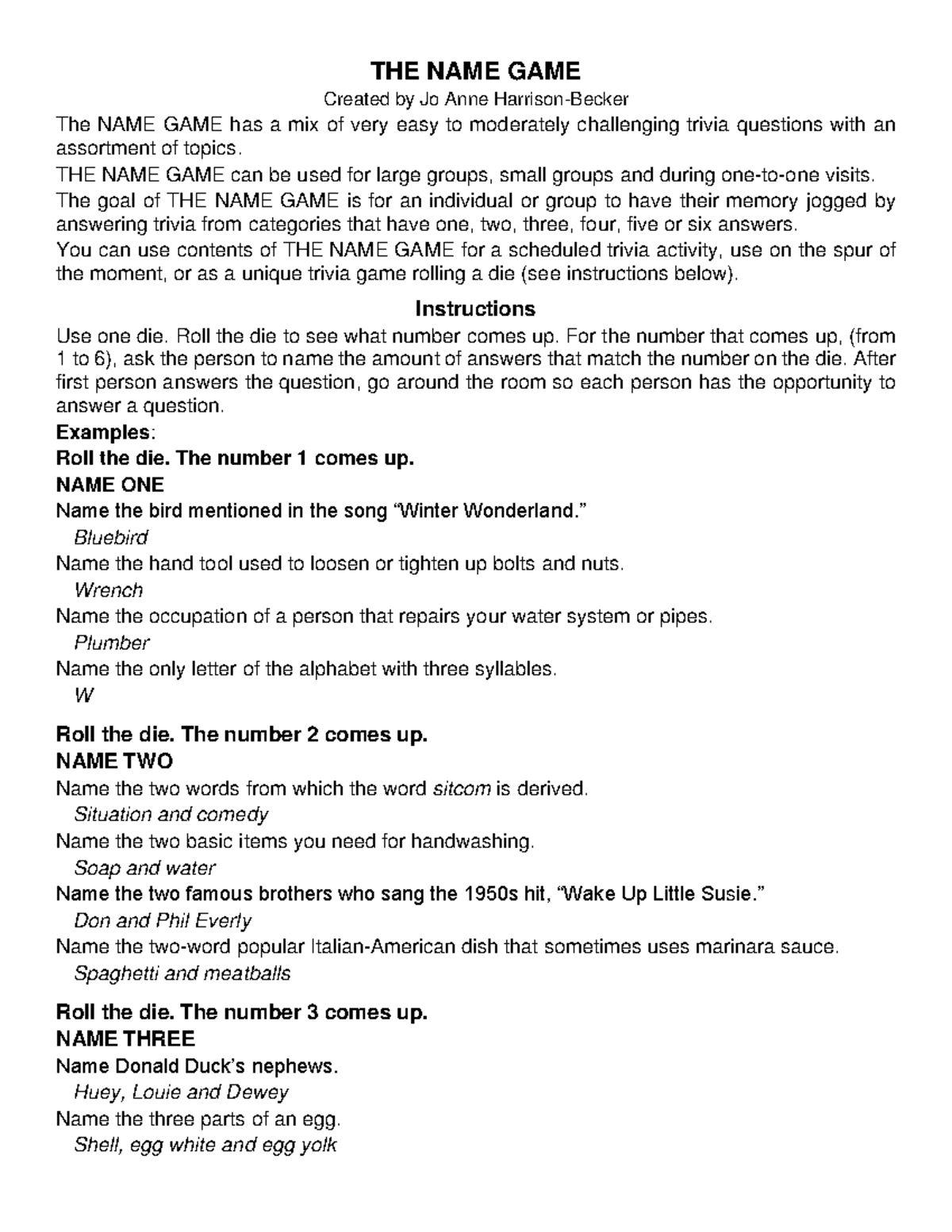 The Name Game - Rules for the Name Game activity for a classroom - THE ...