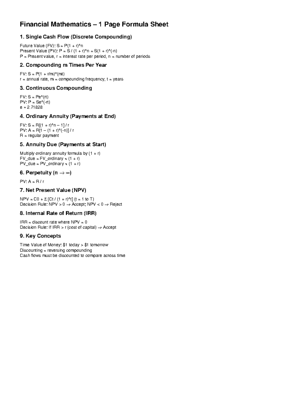 Financial Mathematics 1: Key Formulas & Concepts Summary - Studocu