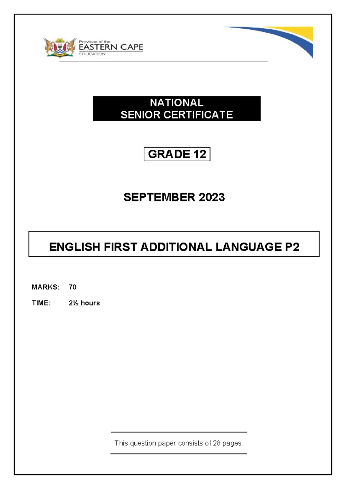 English FAL P2 GR12 September 2023 Examination Question Paper Studocu
