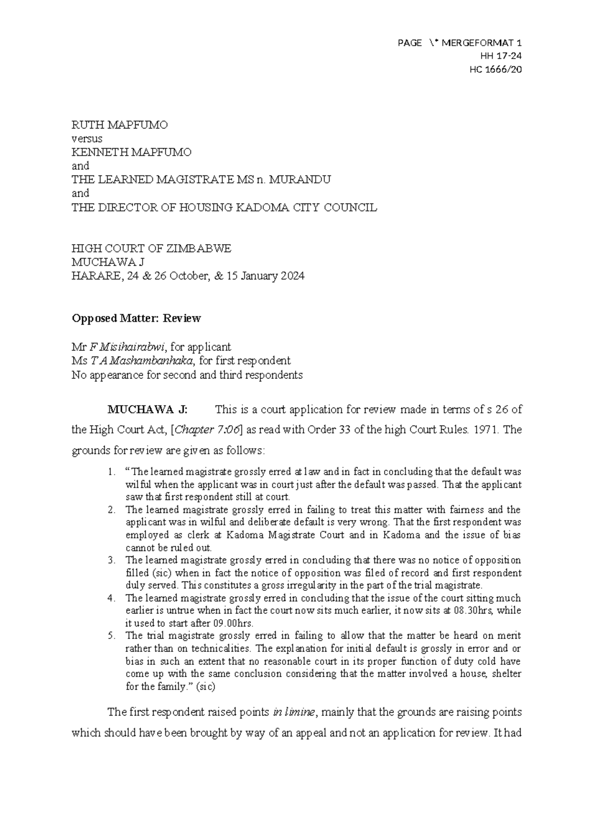 Mapfumo v Mapfumo & 2 Others: High Court Review (HH 17/2024) - Studocu