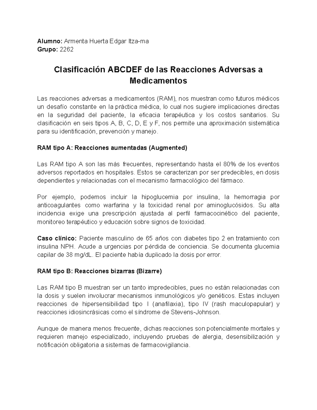 Clasificación ABCDEF de Reacciones Adversas a Medicamentos - Grupo 2262 ...