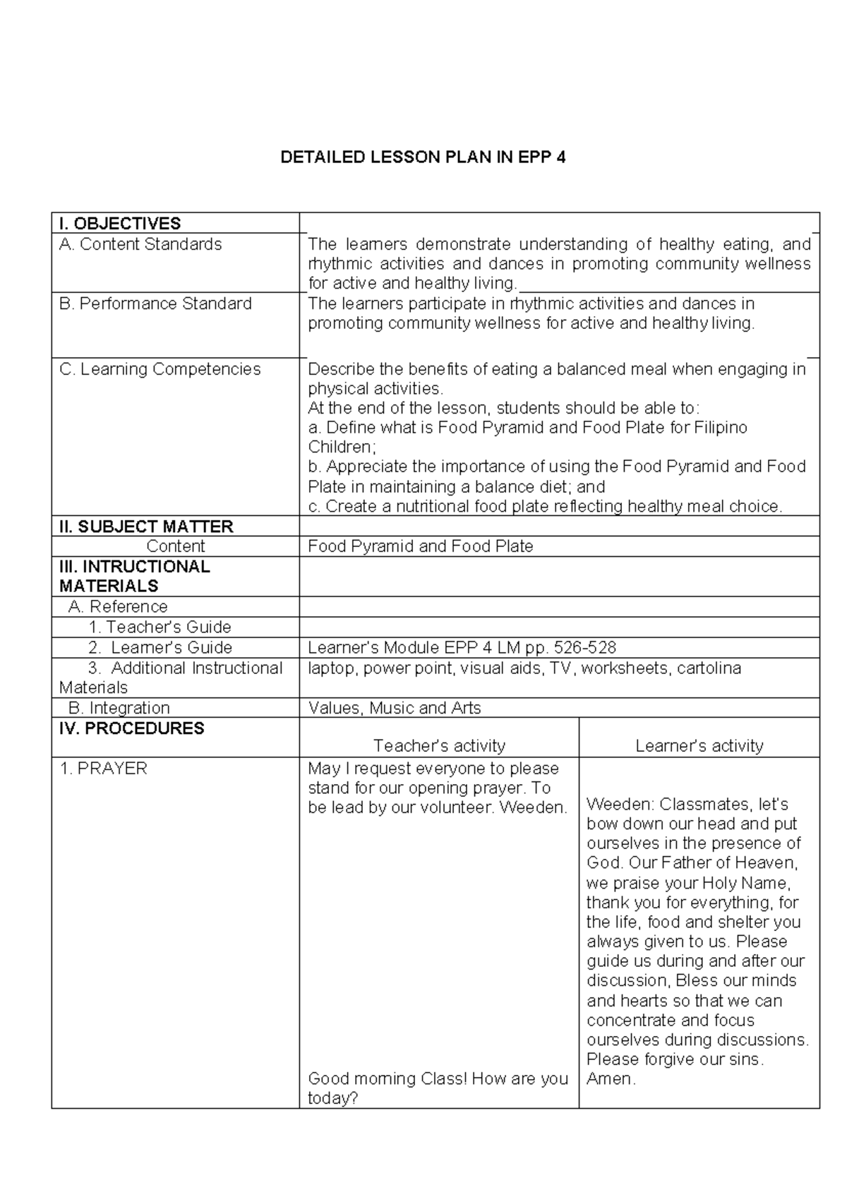 Lp-EPP-6 - Notes - DETAILED LESSON PLAN IN EPP 4 I. OBJECTIVES A ...