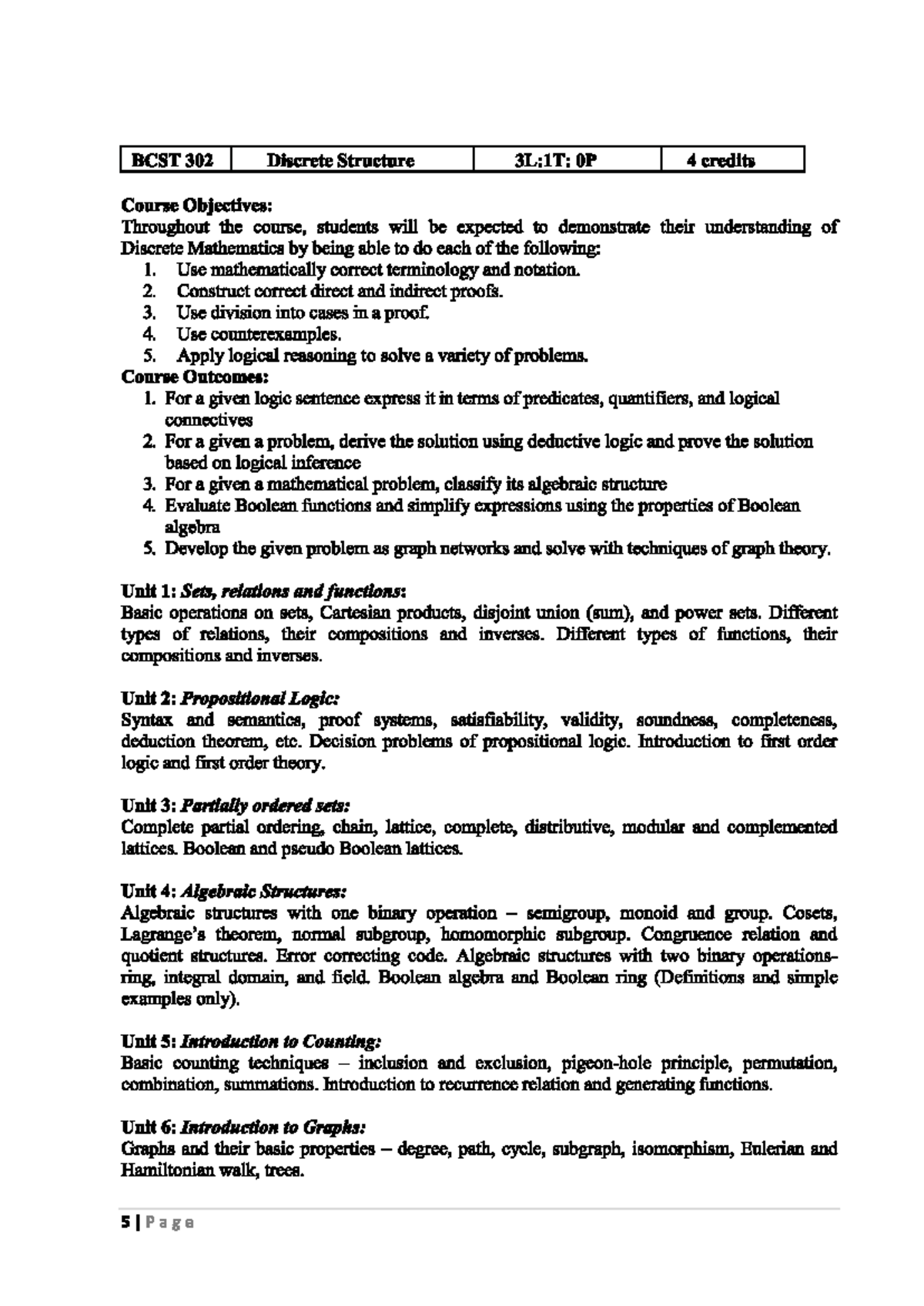 BCST 302 Discrete structure: Course objectives and outcomes overview ...
