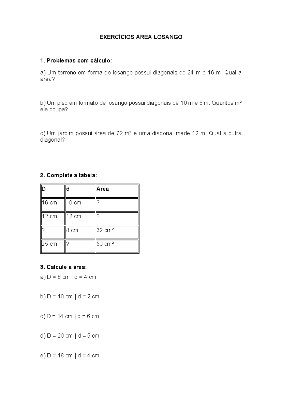 Exercícios de Cálculo da Área do Losango - 8º ANO 1 AULA - Studocu