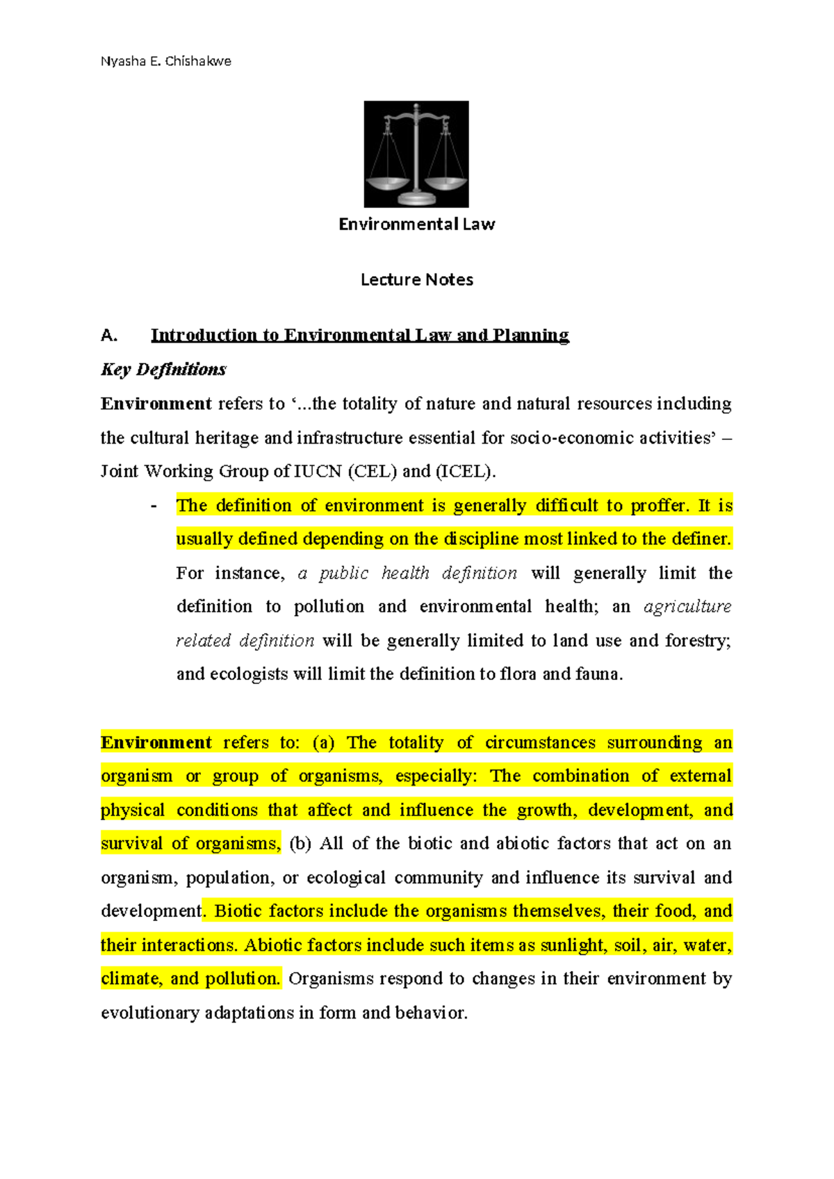 Revised Lecture Notes on Environmental Law (Course Code: ENV 101) - Studocu
