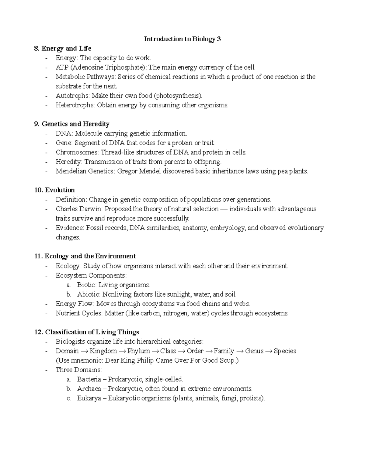 Introduction to Biology 3: Energy, Genetics, and Ecology Overview - Studocu