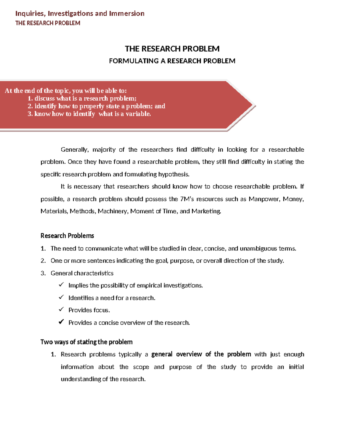 W3: Formulating Research Problems and Hypotheses in Inquiry - Studocu