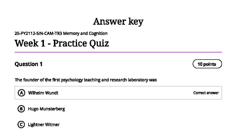 Memory and Cognition PSY 101 Week 1 Practice Quiz Answers - Studocu