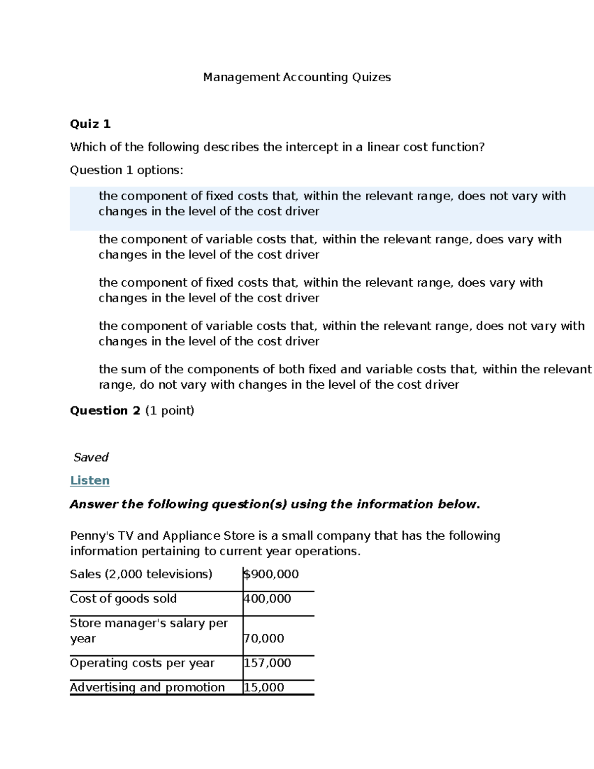 Management Accounting Quizzes (Quiz 1 & 2) - Key Concepts and Questions ...