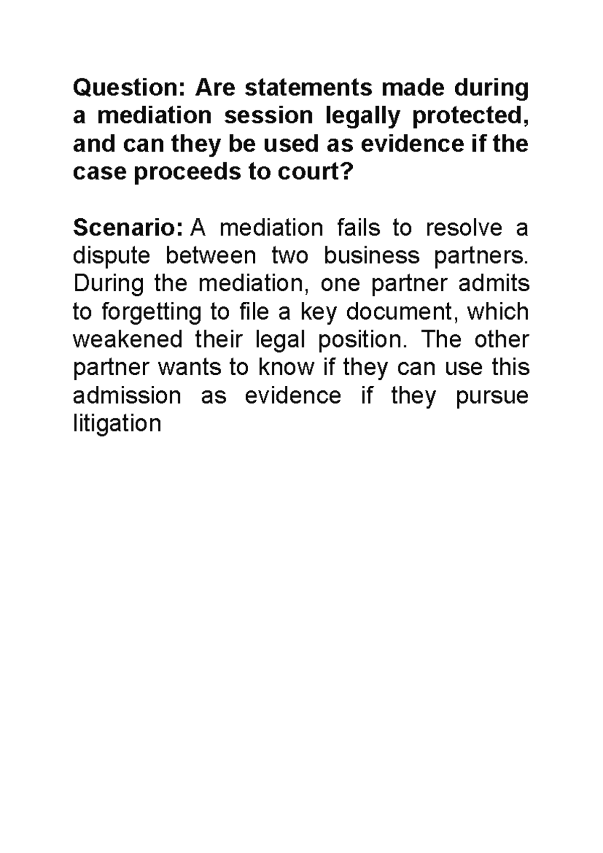 Mediation Question 1 - Alternative Dispute Resolution - Question: Are ...