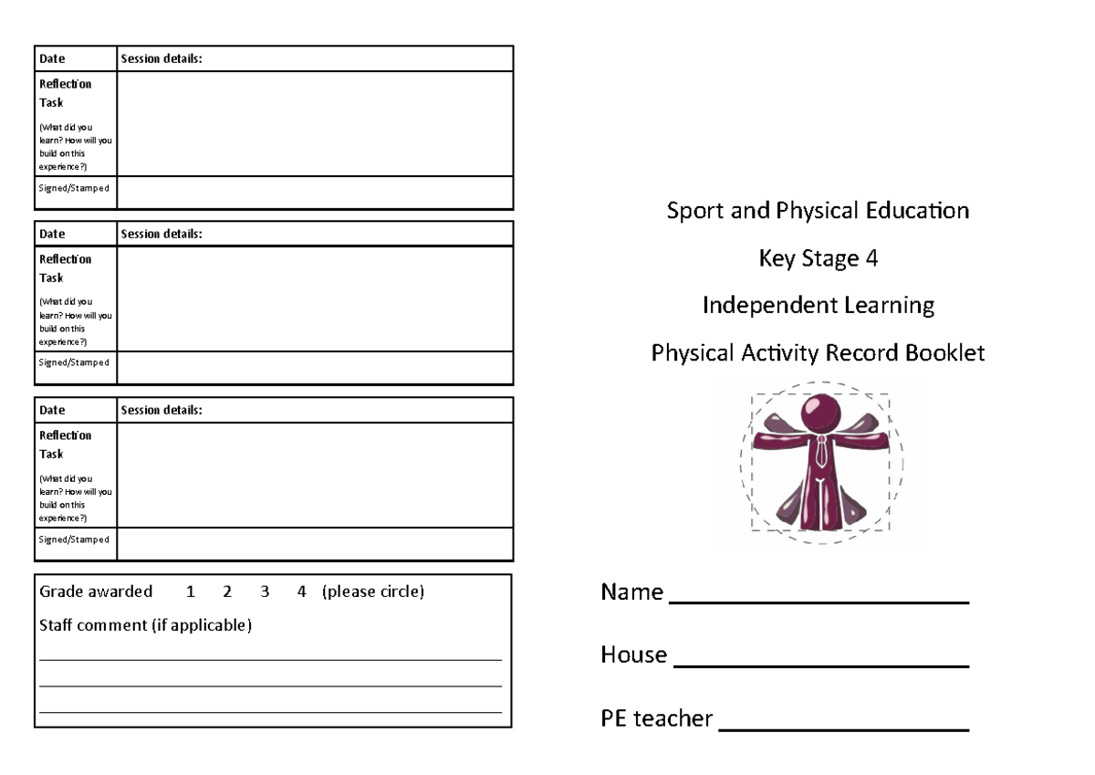 Student Physical Activity Log for Key Stage 4 PE: Reflection Tasks ...
