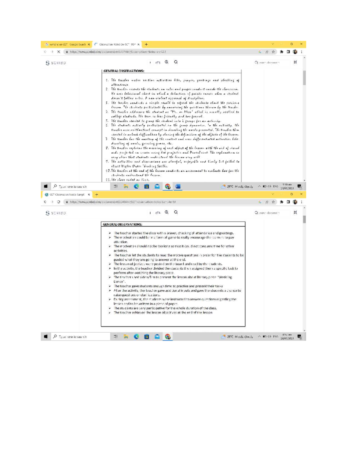 COT observations and remarks on classroom dynamics and teaching methods ...