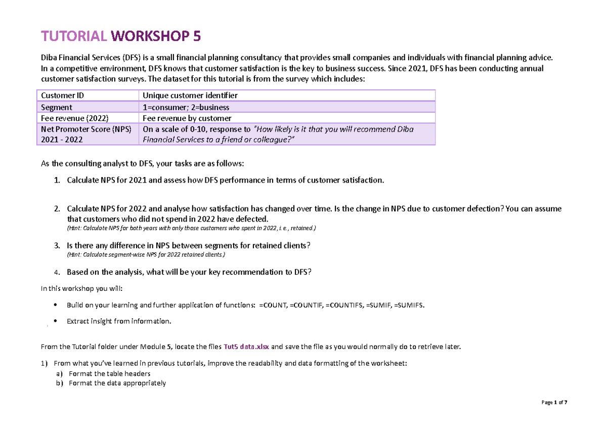 DFS Tutorial Workshop 5: Analyzing Customer Satisfaction & NPS - Studocu