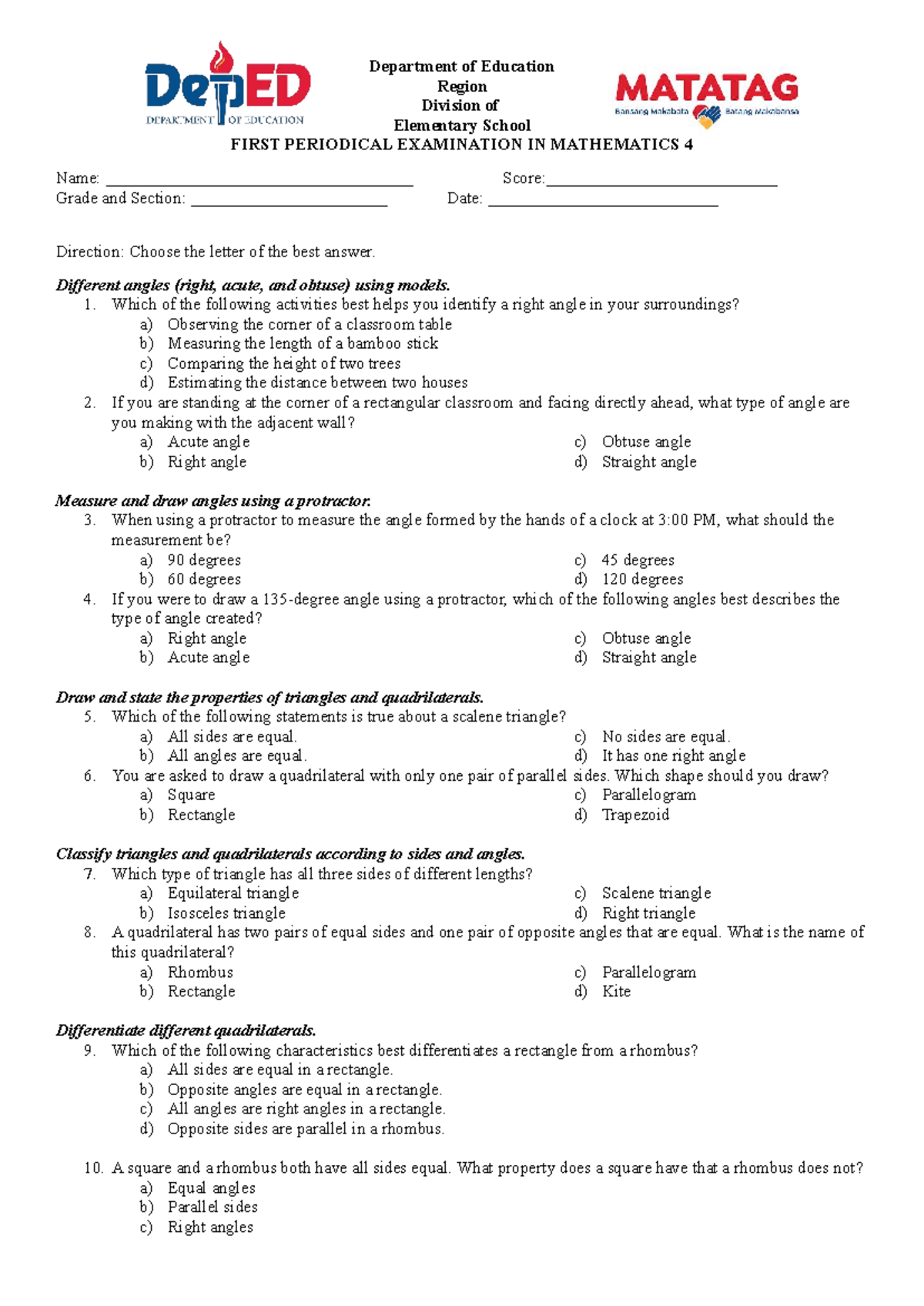 Q1 G4 FIRST PERIODICAL EXAMINATION IN MATH 4 - Studocu