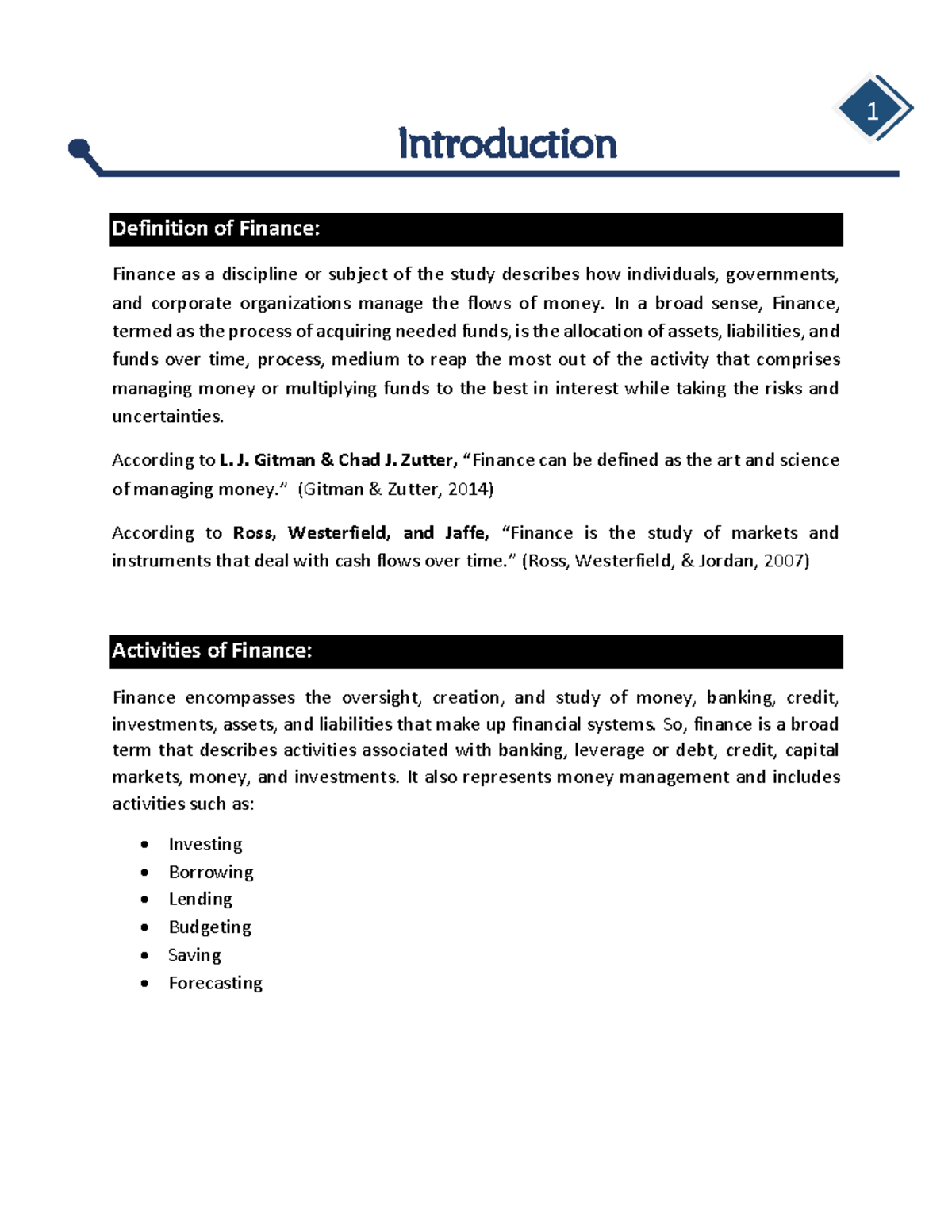 Finance 1: Overview of Key Concepts and Activities in Finance - Studocu