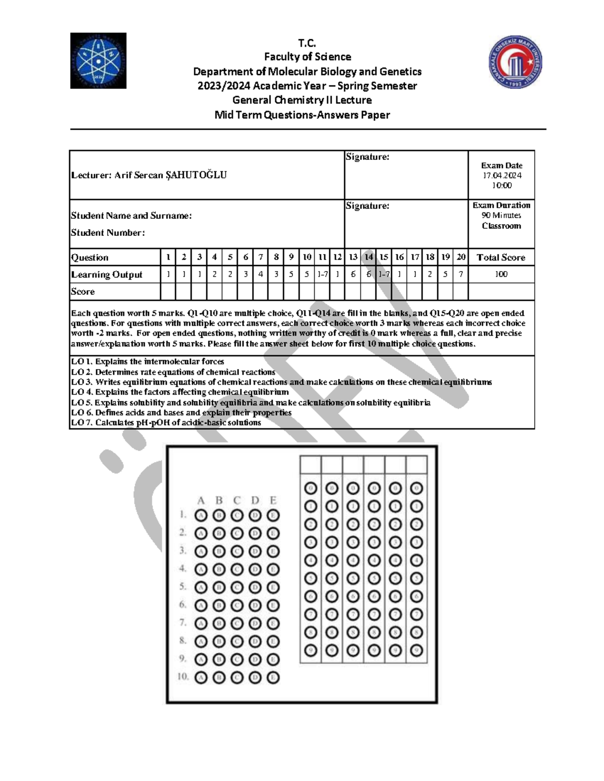 Mbg general chemistry ii final exam 2 - Faculty of Science Department ...