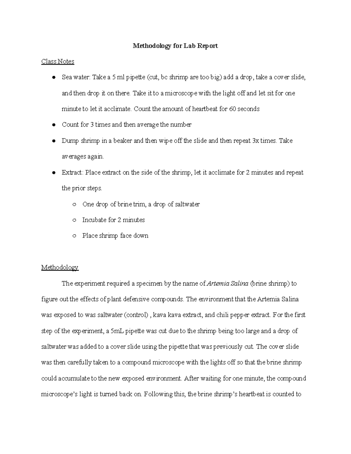 Methods for Lab Report on Artemia Salina (BIO101) - Studocu