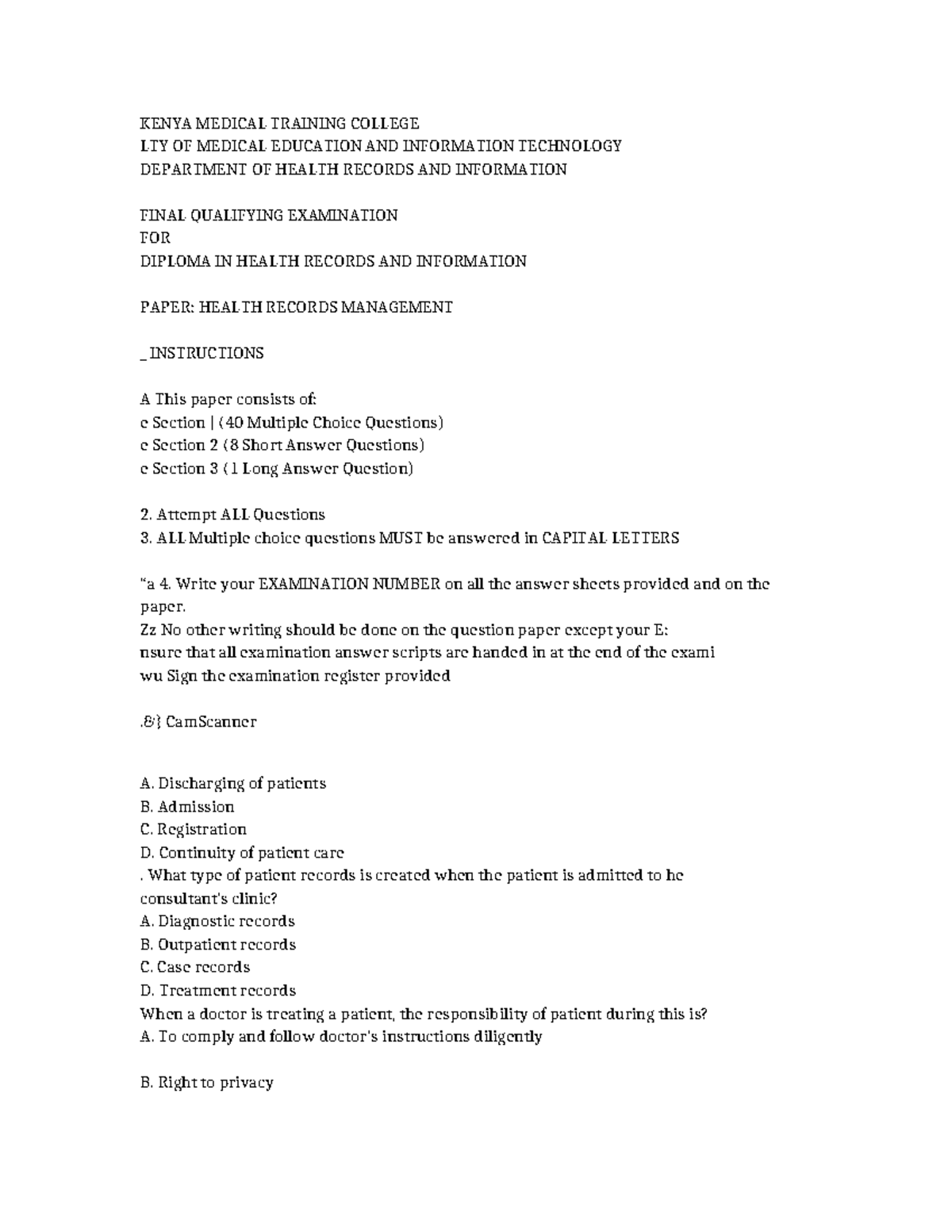 HRM 101 Final Exam Past Paper: Health Records Management - Studocu